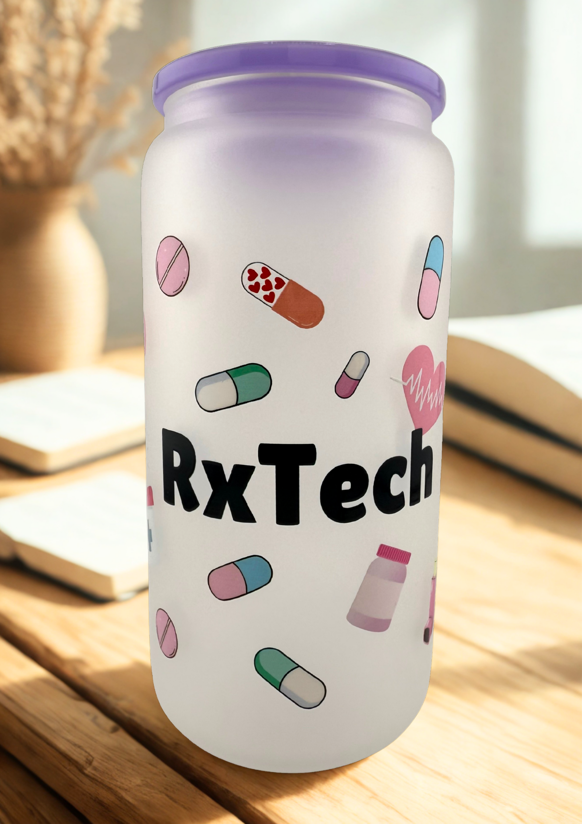 Rx Tech Frosted 16 oz glass cup with Acrylic top and plastic straw