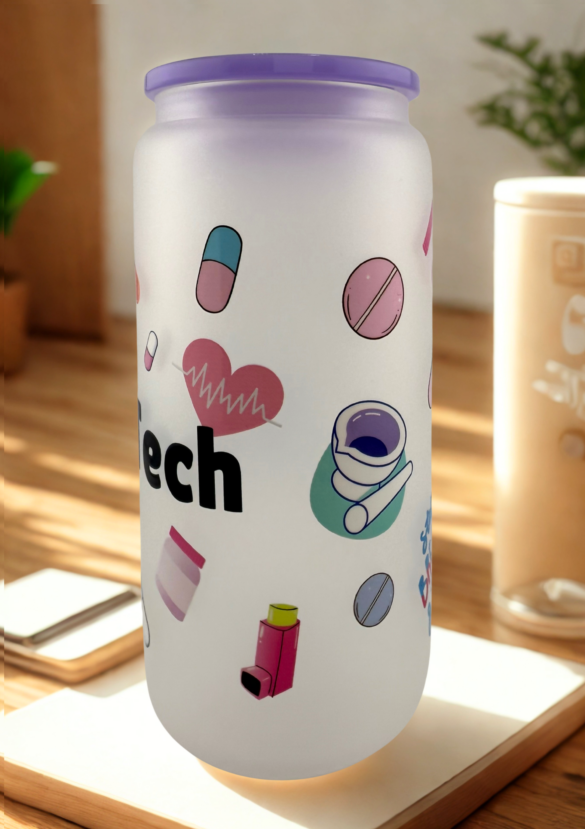 Rx Tech Frosted 16 oz glass cup with Acrylic top and plastic straw
