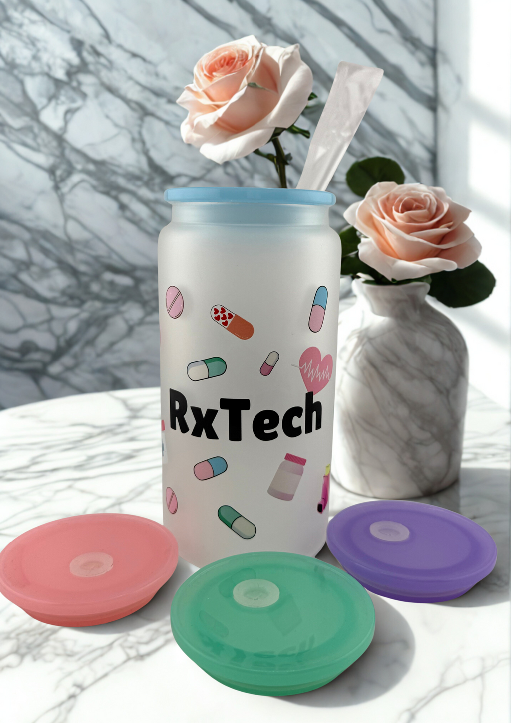 Rx Tech Frosted 16 oz glass cup with Acrylic top and plastic straw
