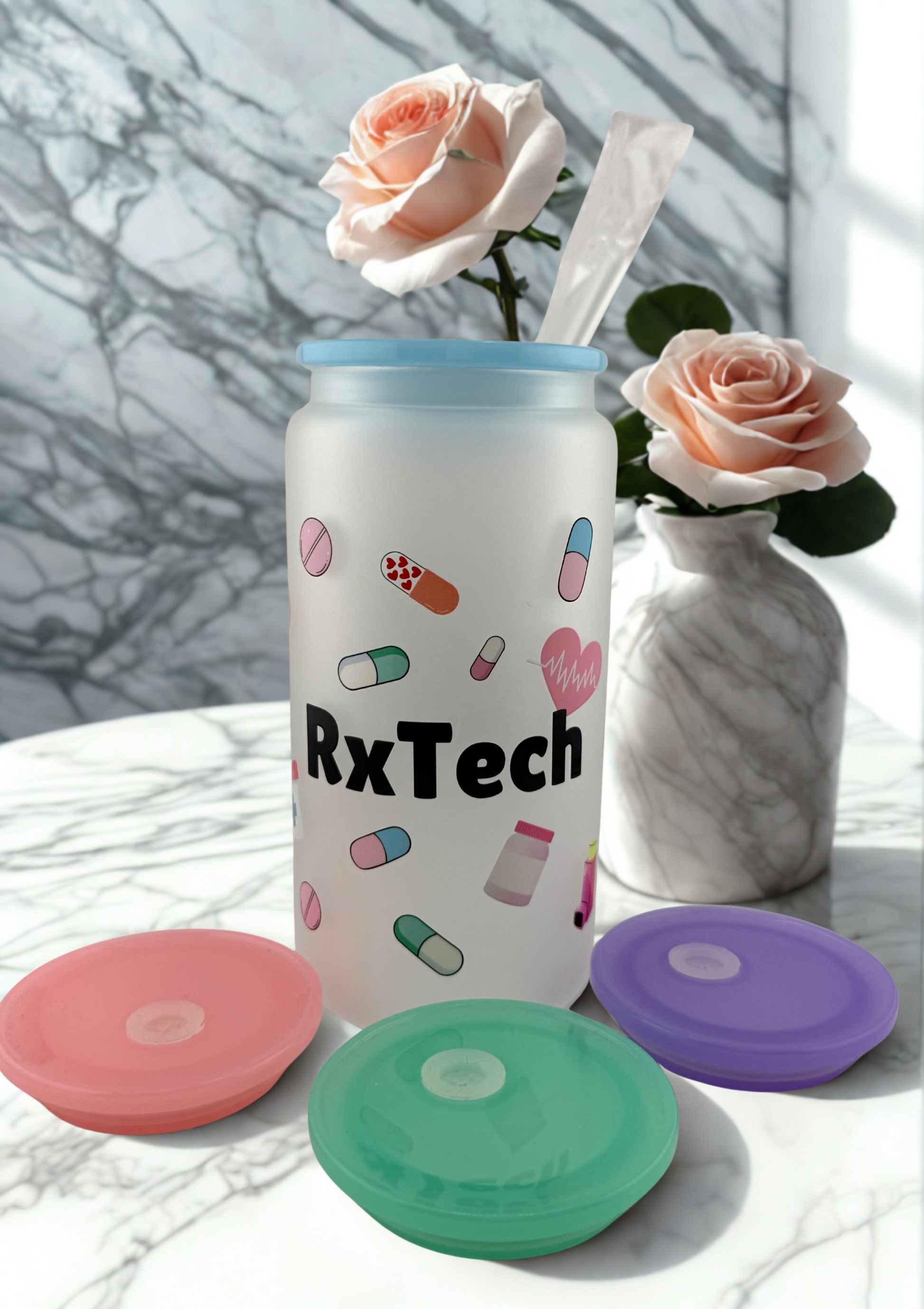 Rx Tech Frosted 16 oz glass cup with Acrylic top and plastic straw