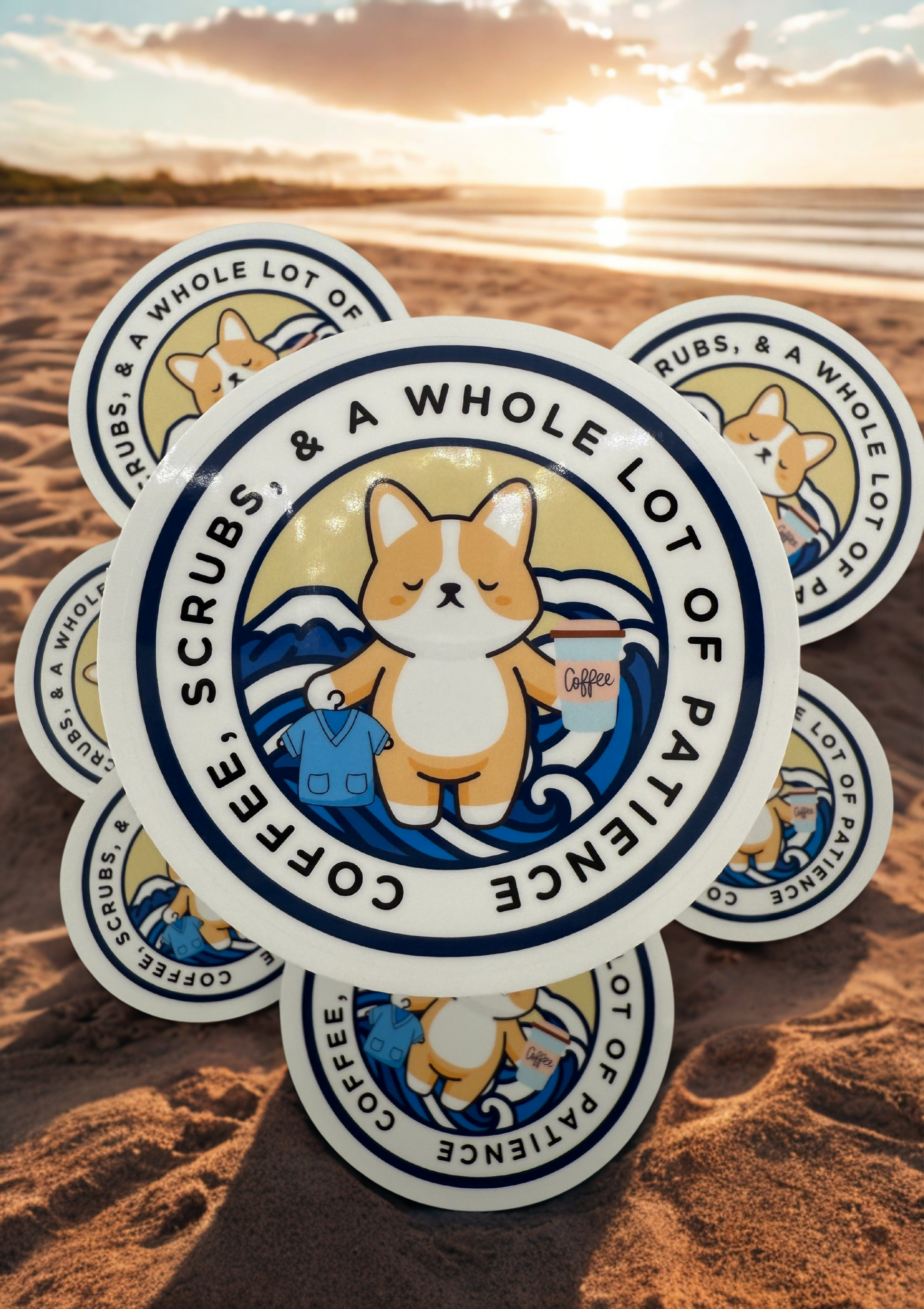 Coffee, Scrubs and Patience Corgi Meditation Sticker
