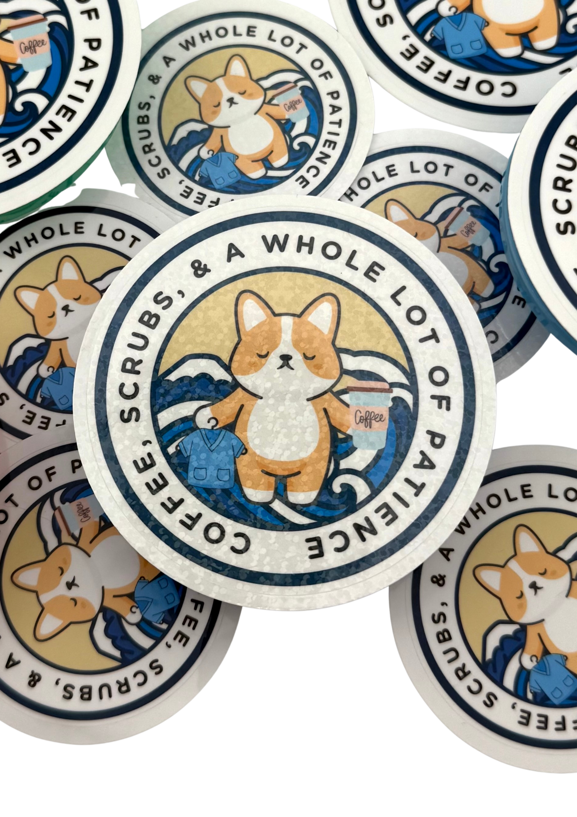 Coffee, Scrubs and Patience Corgi Meditation Sticker