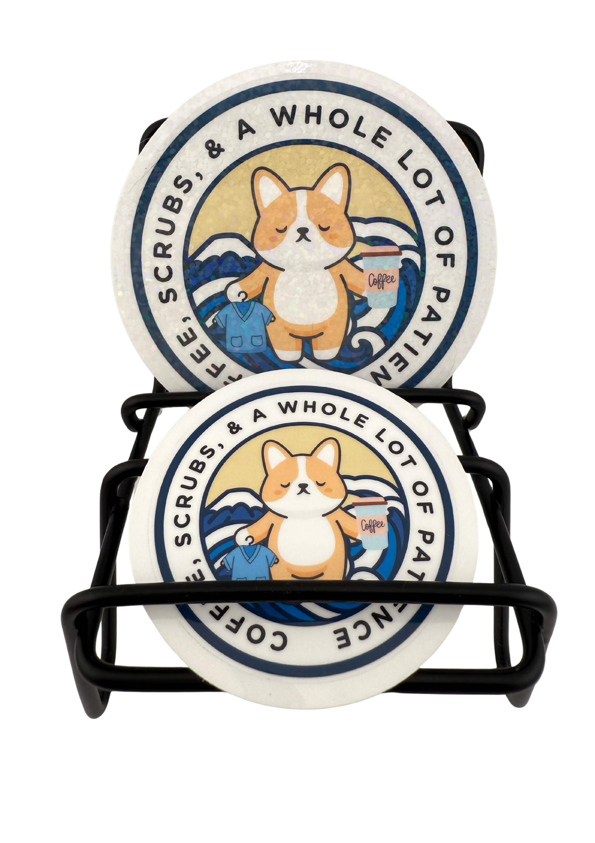 Coffee, Scrubs and Patience Corgi Meditation Sticker